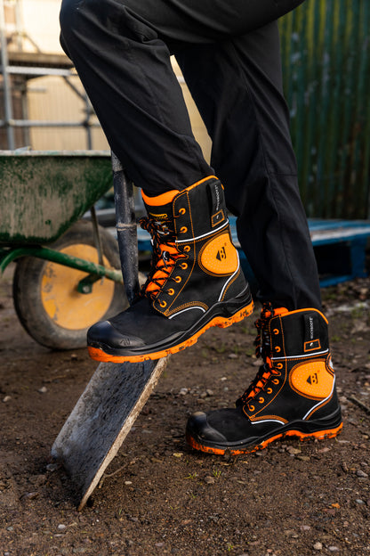 BVIZ6 BK OR Buckzviz High Leg Lace Boot - Black HI Vis Orange